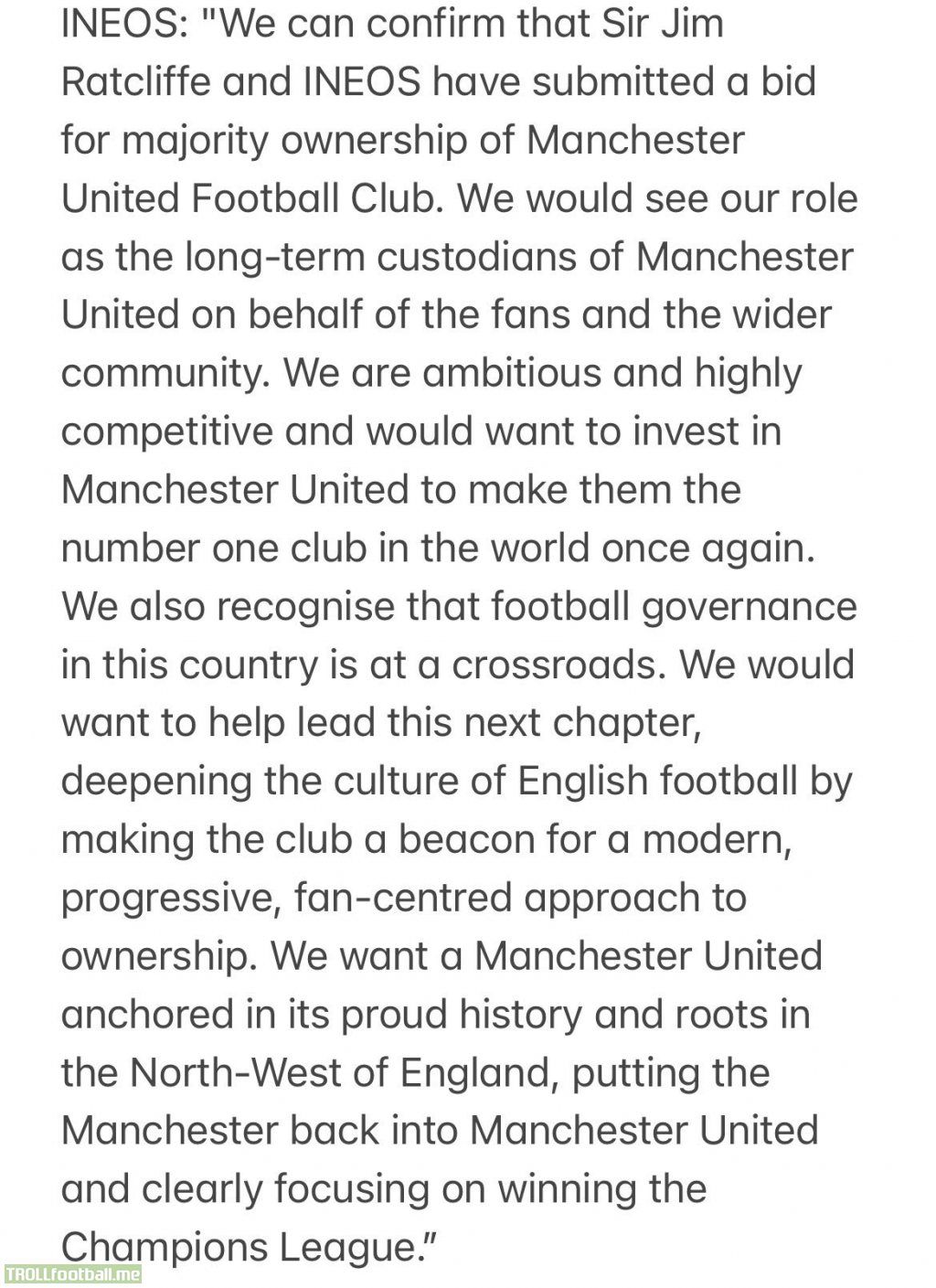 INEOS' statement regarding the potential purchase of Manchester United
