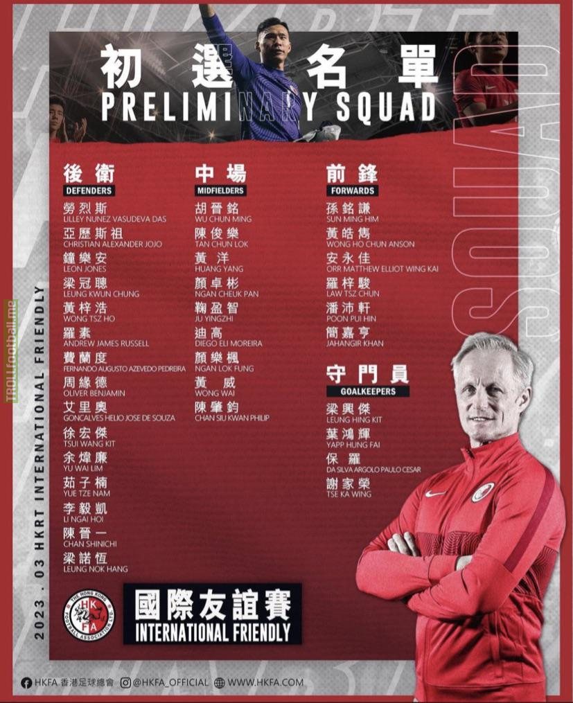 Hong Kong national team squad to be called up for friendlies against Malaysia and TBD in March