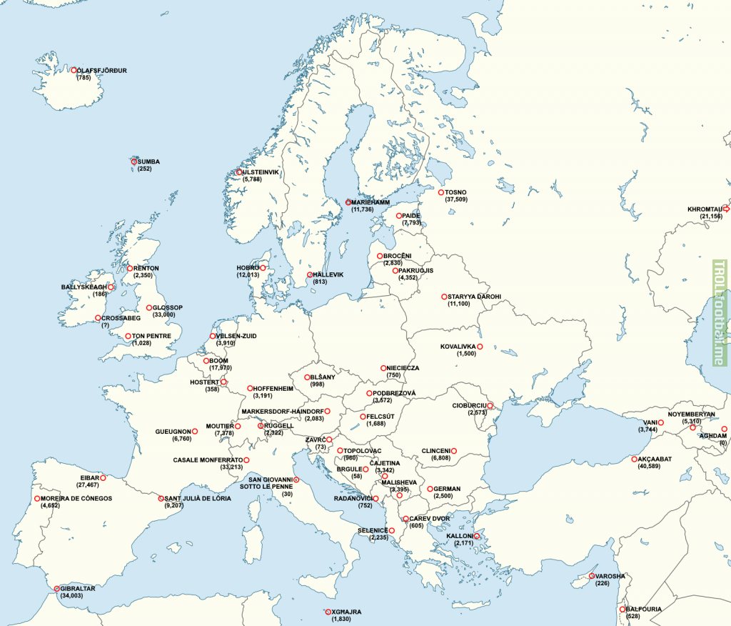 Map of the smallest towns in UEFA to have had a top flight team [OC]