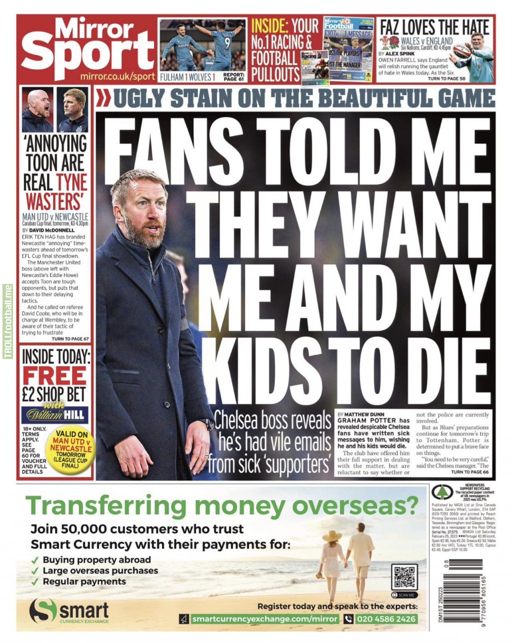 [Fabrizio Romano] Graham Potter on Mirror front page: “Fans told me they want me and my kids to die”. #CFC “You need to be very careful”, he added. Mirror reporting that “Potter has had vile emails from sick ‘supporters’”.