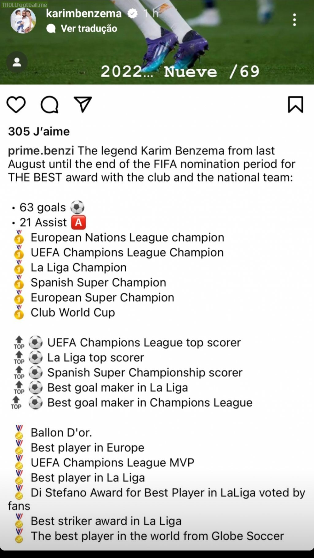 [Karim Benzema] Instagram story following The Best