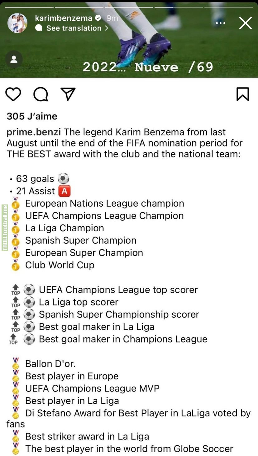 Karim Benzema via IG, a day after Leo Messi won The Best award.