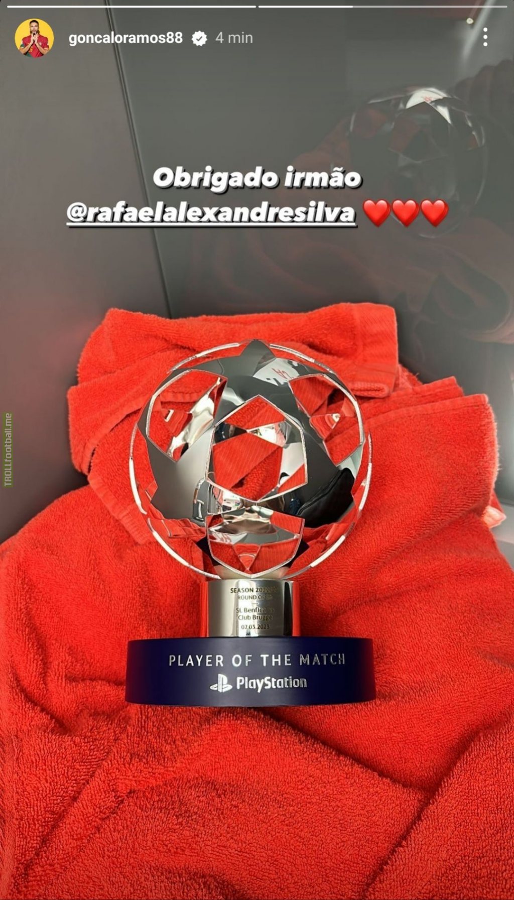 Rafa Silva offered his MOTM award to Gonçalo Ramos, who scored twice and assisted once against Club Brugge