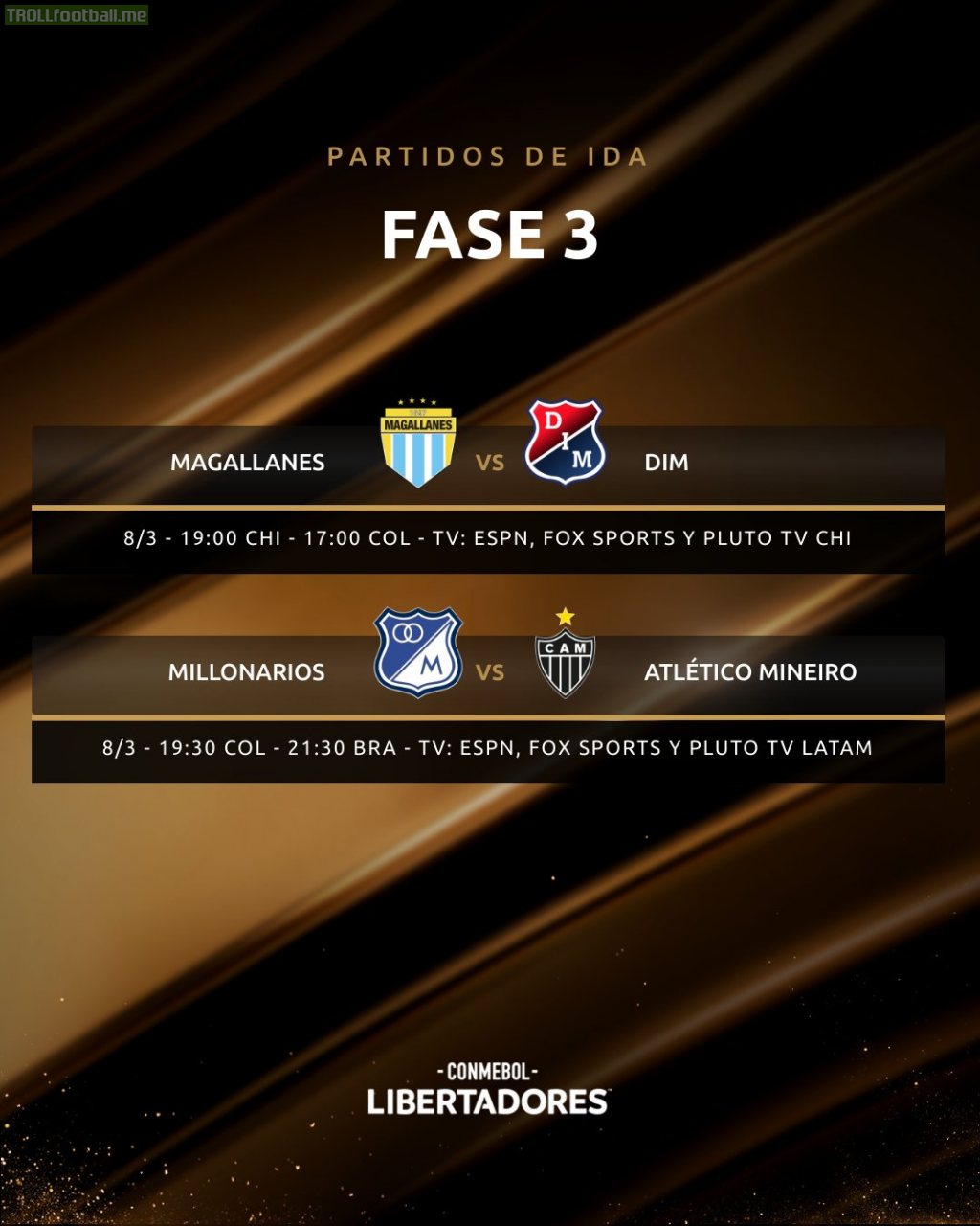 Schedule for today's Copa Libertadores stage 3 matches (first leg)