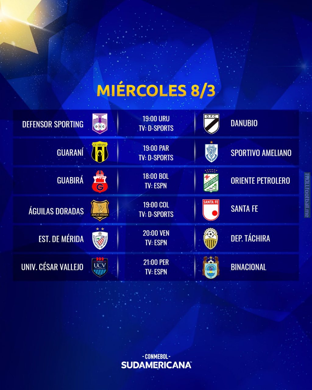 Schedule for today's Copa Sudamericana stage 1 matches.