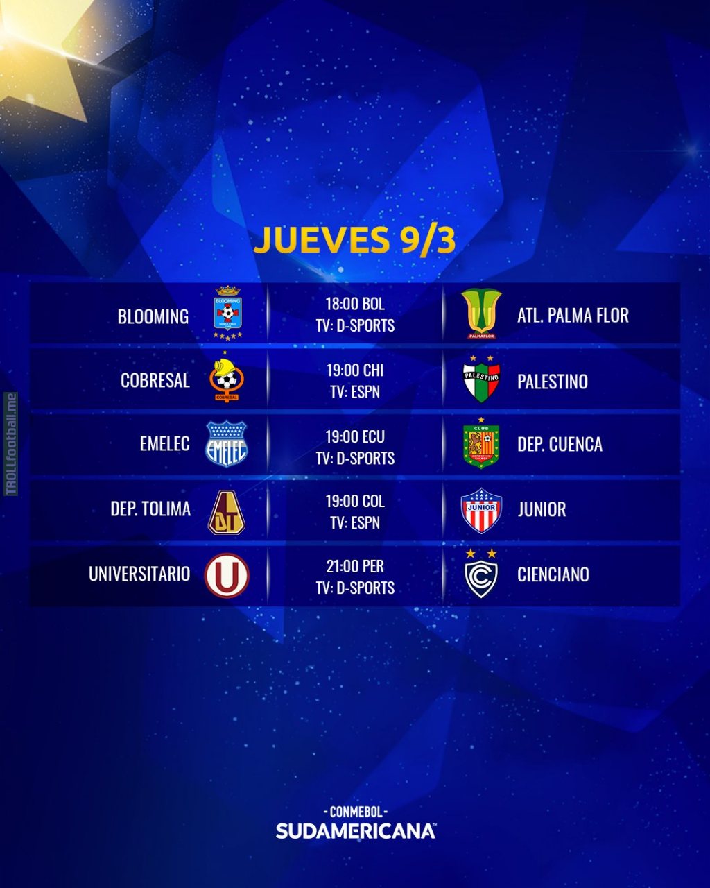 Schedule for today's Copa Sudamericana stage 1 matches