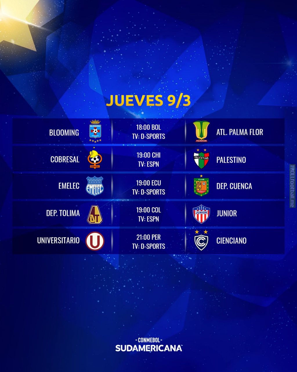 Schedule for today's Copa Sudamericana stage 1 matches