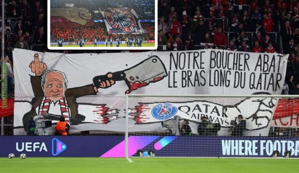 Bayern fans responded to PSG's choreo from last week with a banner that says: "our butcher (Uli Hoeneß) cuts the long arm of Qatar"