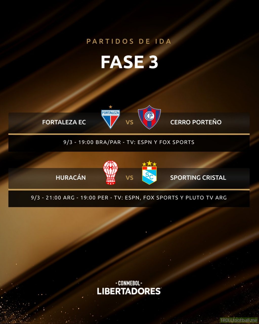 Schedule for today's Copa Libertadores stage 3 matches (1st leg)