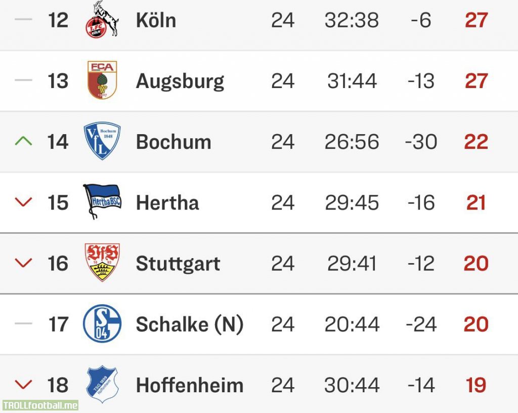[1. Bundesliga] Bottom 5 teams are just within 3 points after week 24. For the first time this season, Hoffenheim is in last place.