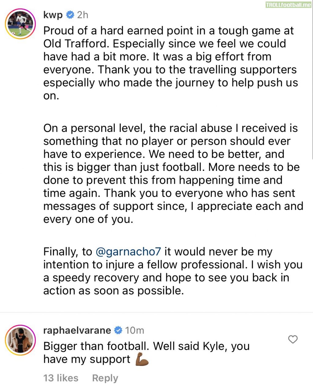 Southampton's Kyle Walker-Peters on Instagram has sent his best to Alejandro Garnacho, with Raphael Varane among those to comment.