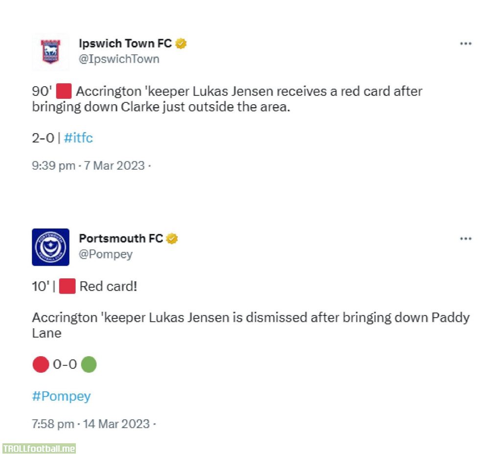 Accrington Stanley goalkeeper Lukas Jensen was sent off in stoppage time at Ipswich last week. He missed his team's trip to Charlton on Saturday through suspension and was back in the side for their home match with Portsmouth on Tuesday evening. He was sent off inside ten minutes.