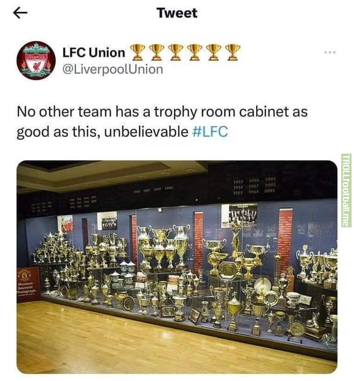 Liverpool fanpage accidentally posts Manchester United's trophy cabinet and titles it Unbelievable.