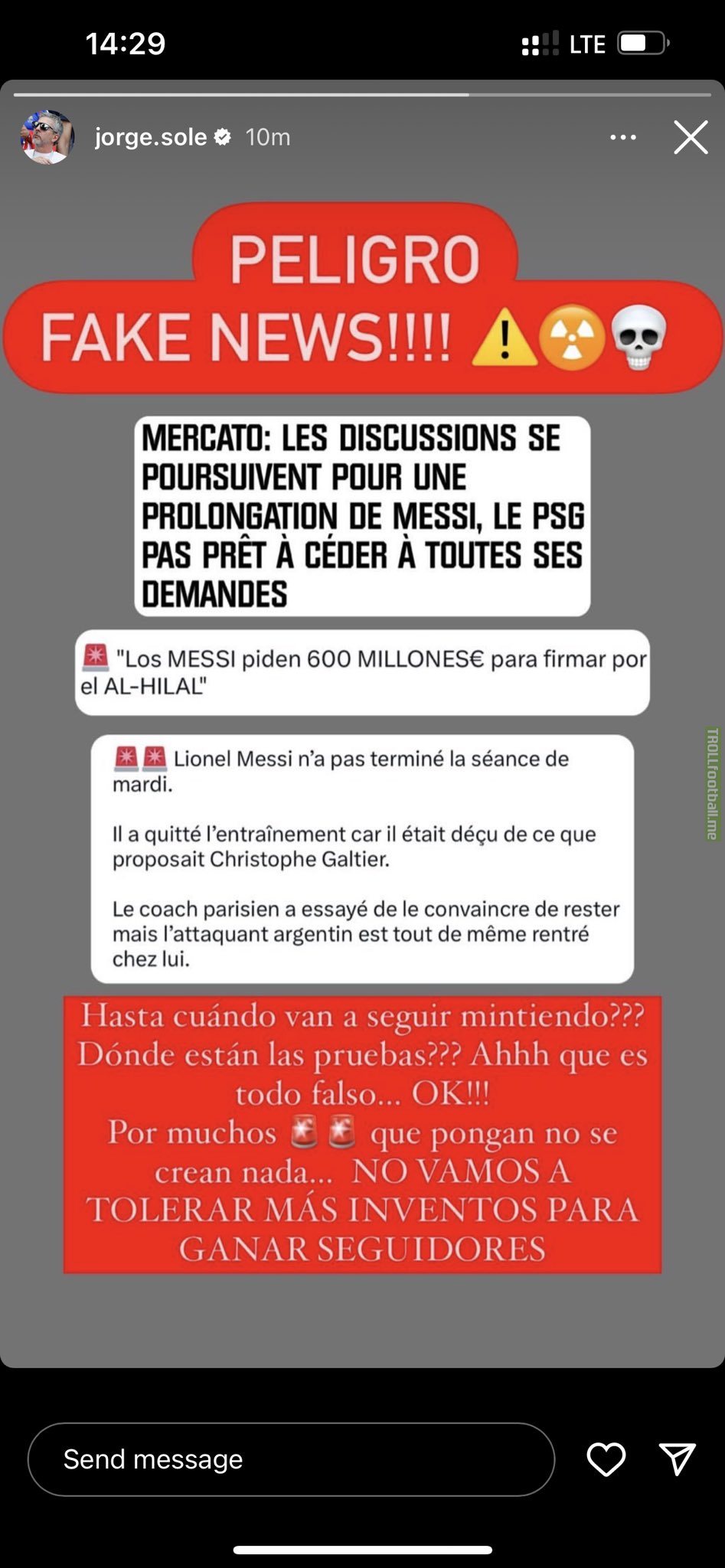 [Jorge Messi (Lionel's father) on Instagram] Fake news! We will no longer tolerate lies to gain followers. (News in picture about Messi getting a 600 million euro Al-Hilal offer, Messi demanding changes at PSG and Messi leaving the training session disappointed with Galtier)