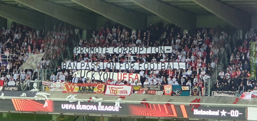 Union Berlin's anti-UEFA banners last night during their Europa League game against Union St. Gilloise