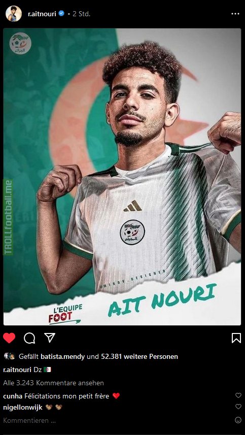 Rayan Aït-Nouri instagram post confirming change of national allegiance from France to Algeria.