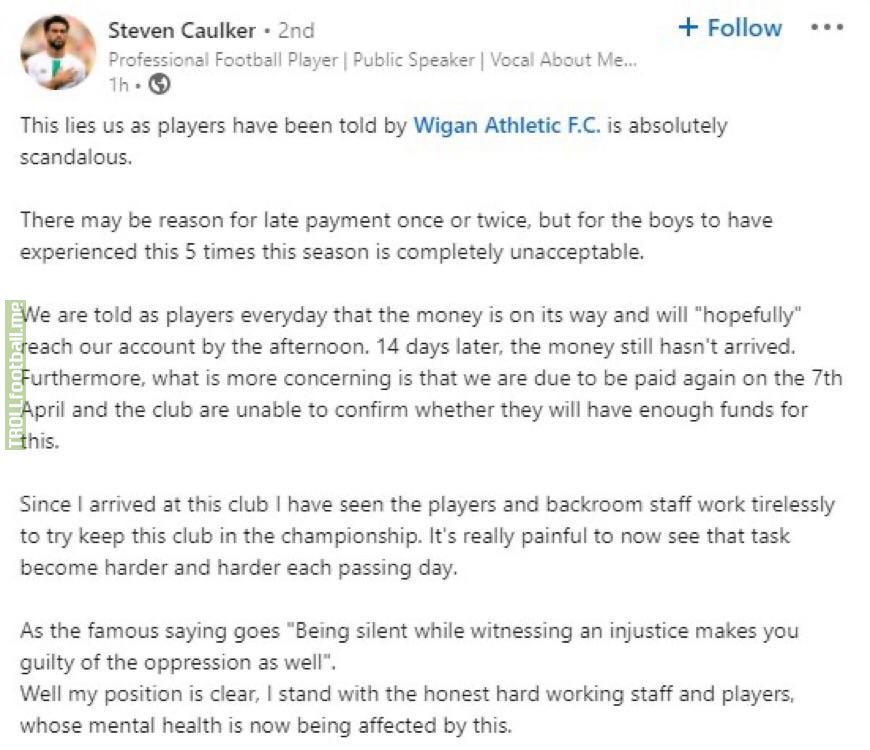 Wigan defender Steve Caulker on the club’s failure to pay players and staff