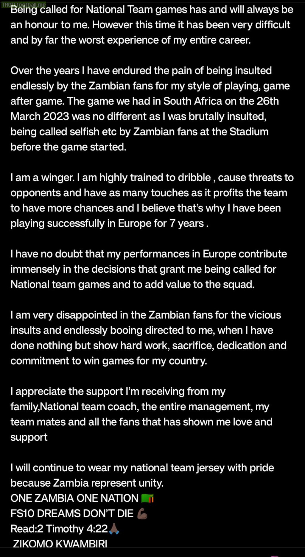 Fashion Sakala Jr's post on Instagram regarding abuse received by Zambia fans