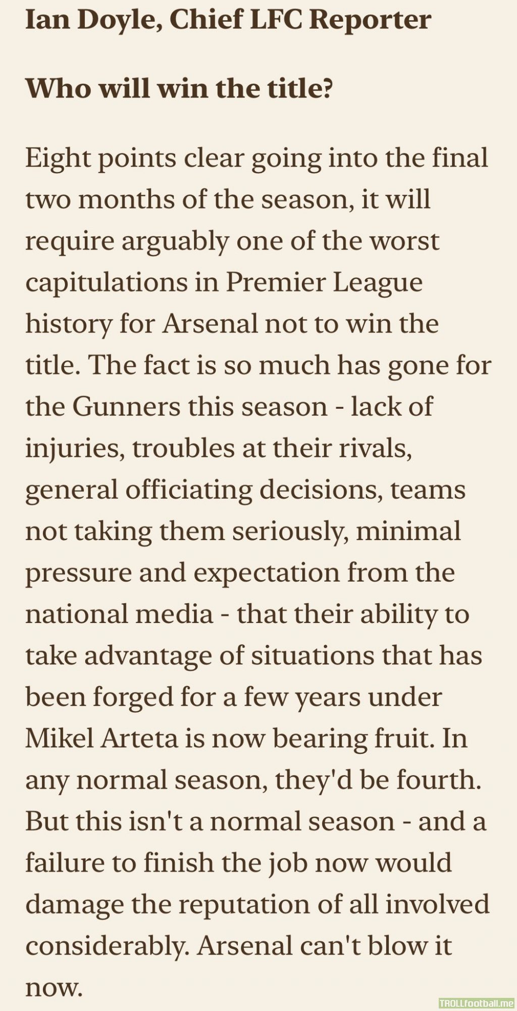 Chief Liverpool commentator for the Echo, commenting on Arsenal this season