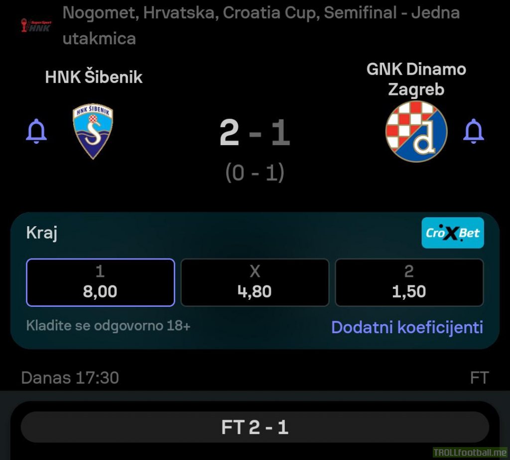 HNK Šibenik 2 - 1 GNK Dinamo Zagreb, Croatian Cup semifinal