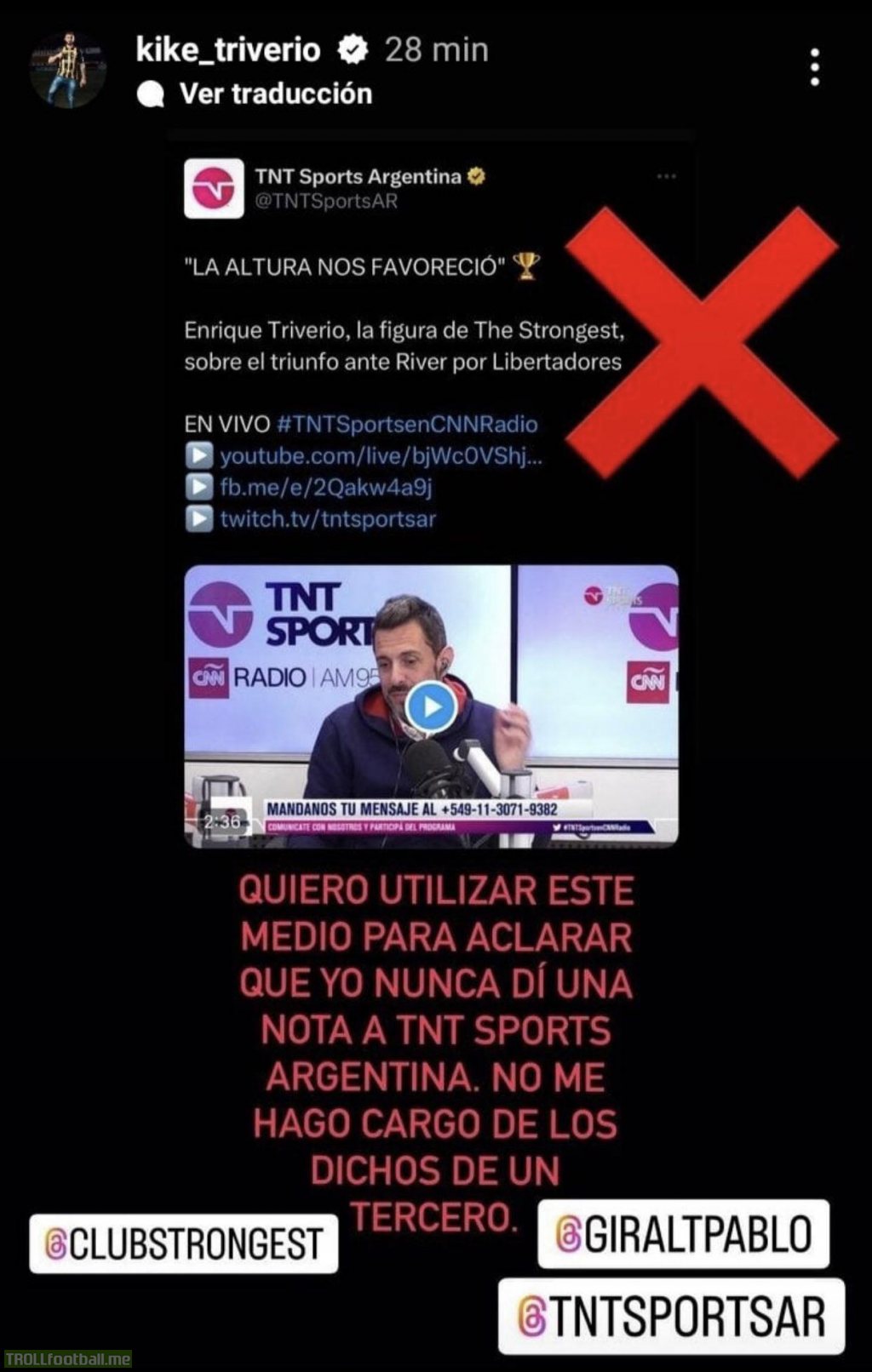 TNT Sports Argentina published an interview with Enrique Triverio, MOTM in last night’s The Strongest’s victory against River Plate. The player however has denied ever giving them an interview; TNT used and imposter to film the interview.