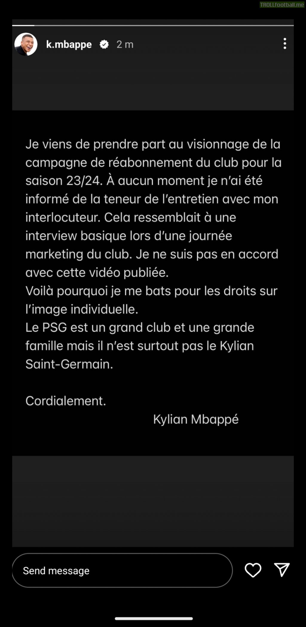 Kylian Mbappe on Instagram: "PSG is a big club and a big family but it is not Kylian Saint-Germain"