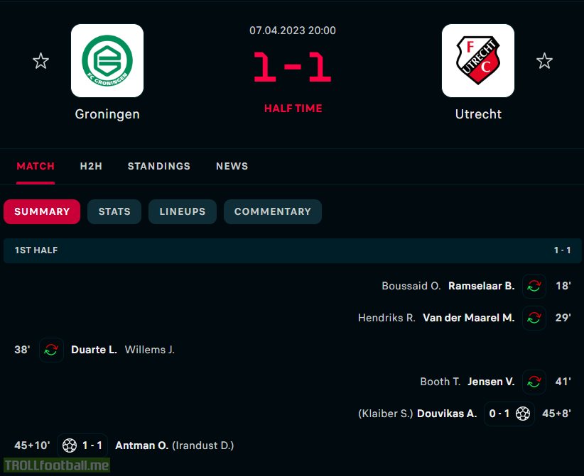 Half time at FC Groningen - FC Utrecht, 4 substitutions due to injury already made on seperate occasions and 2 goals in +8' and +10'