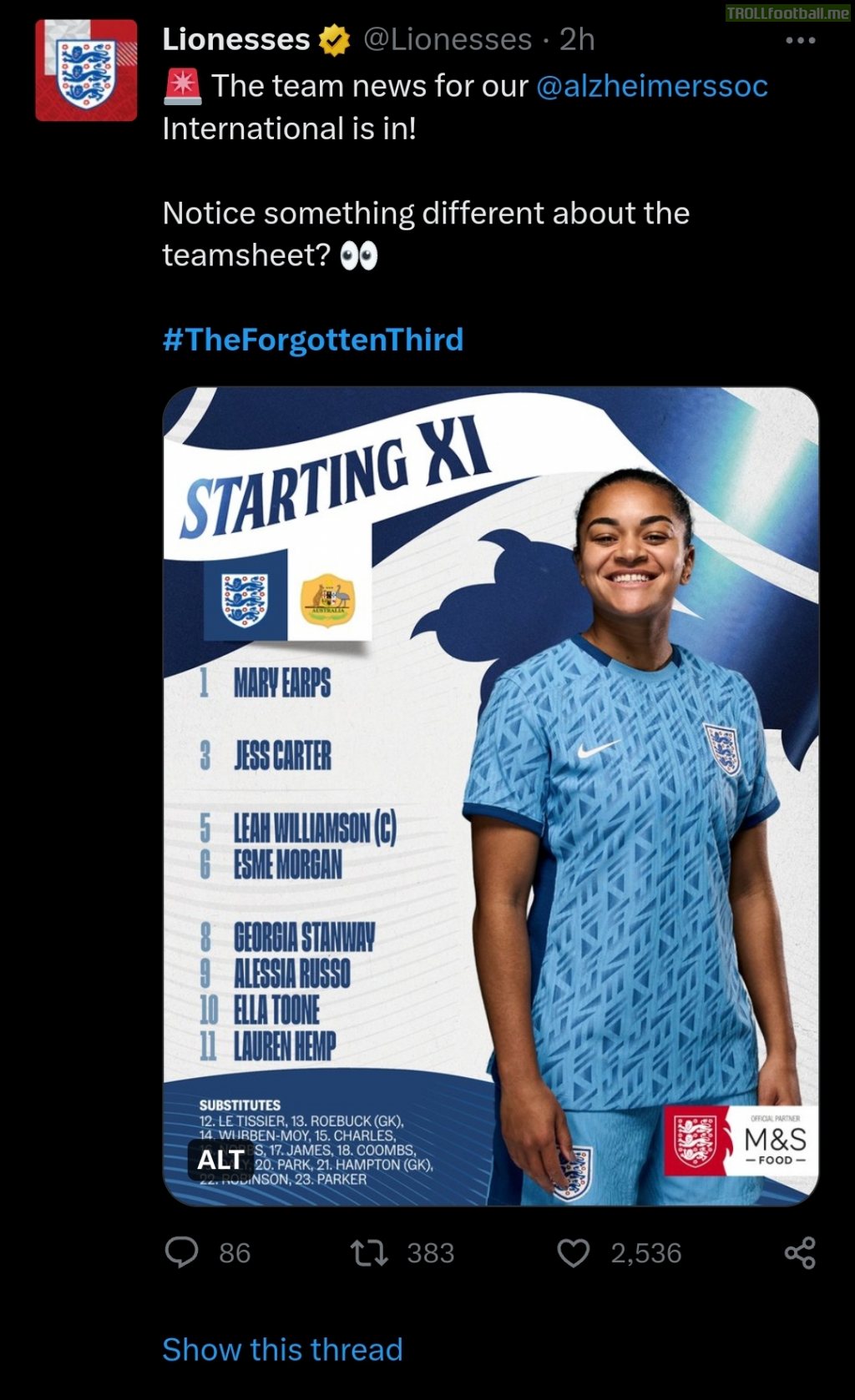 England Women's twitter account promoting Alzheimer's Society by missing names off the teamsheet