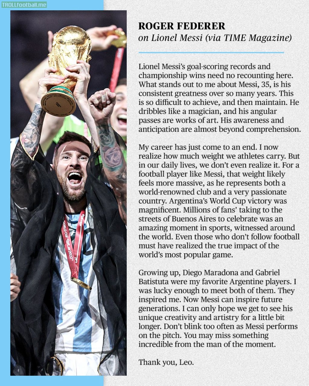 Lionel Messi was named to TIME's Magazine 100 Most Influential People of 2023 and it was accompanied by this tribute from Roger Federer.