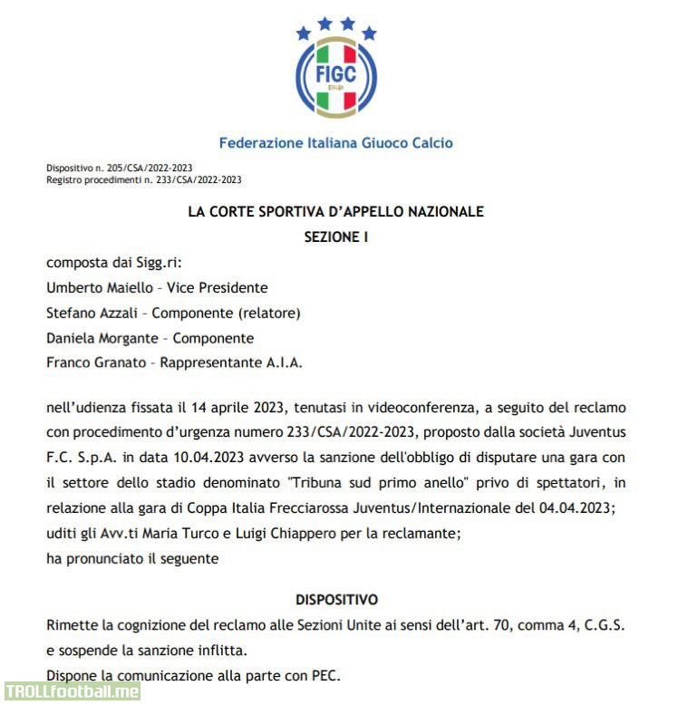 (FIGC) Juventus has had their Curva disqualification suspended. The 1-round disqualification was a result of racist chants being aimed at Inter forward Romelu Lukaku during the first leg of the Coppa Italia.