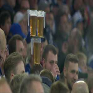 Pre-match scenes from FC Schalke 04 vs. Hertha BSC (Bundesliga) - man balancing 3 beers on his head (great balancing)