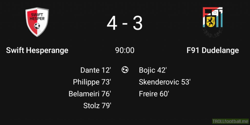 In what could be a title decider in Luxembourg, Swift Hesperange come from 3-1 down to beat F91 Dudelange to take a 6 point lead with 5 games to go!