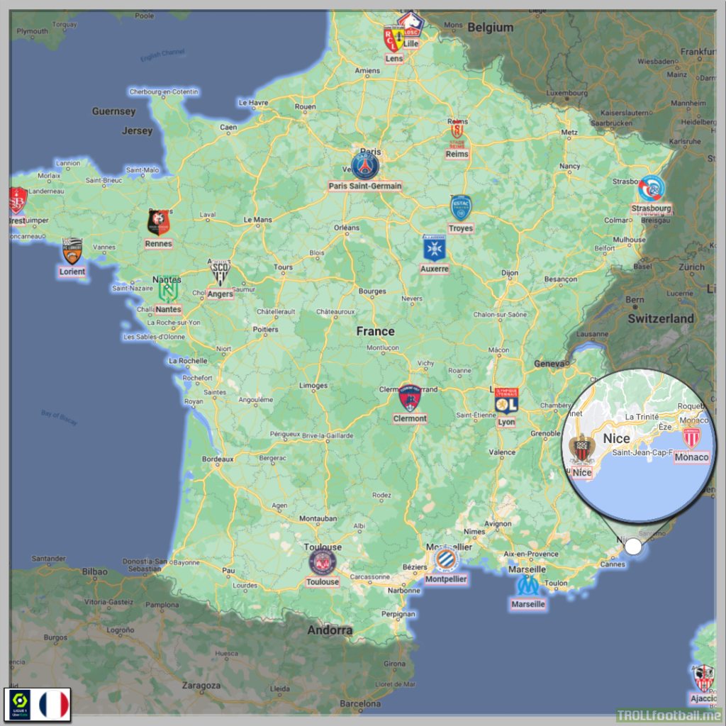 Map with the 20 teams of Ligue 1 (France)