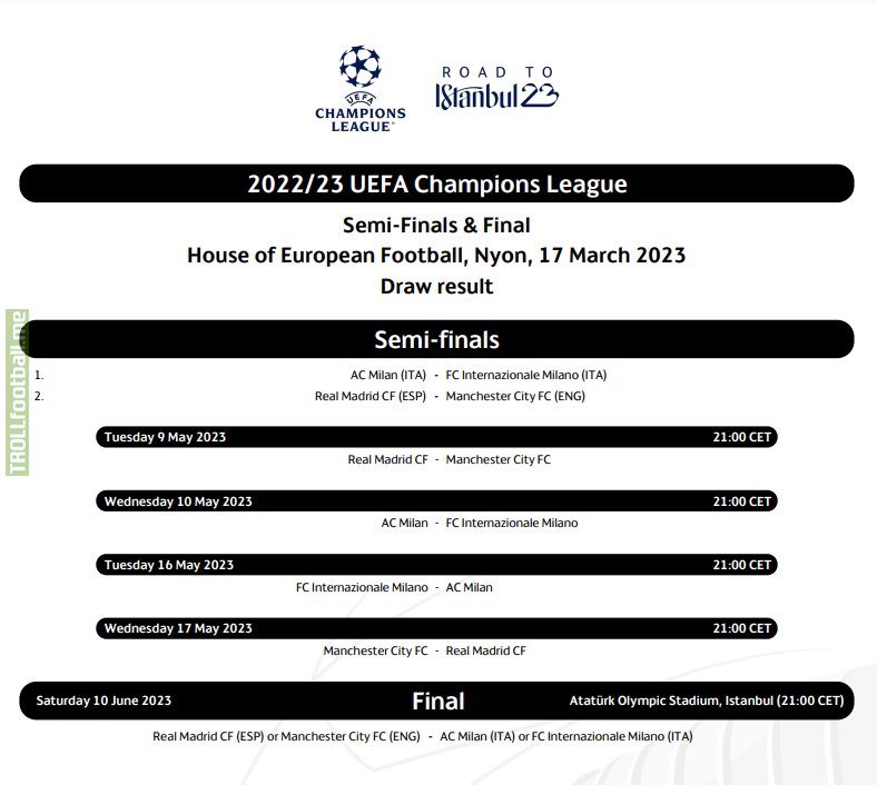Official dates for UCL semi-finals.