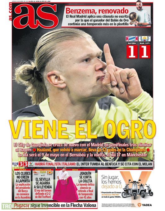 The front page of Spanish newspaper AS on Erling Haaland ahead of Real Madrid vs. Man City game in UCL: "The ogre is coming"