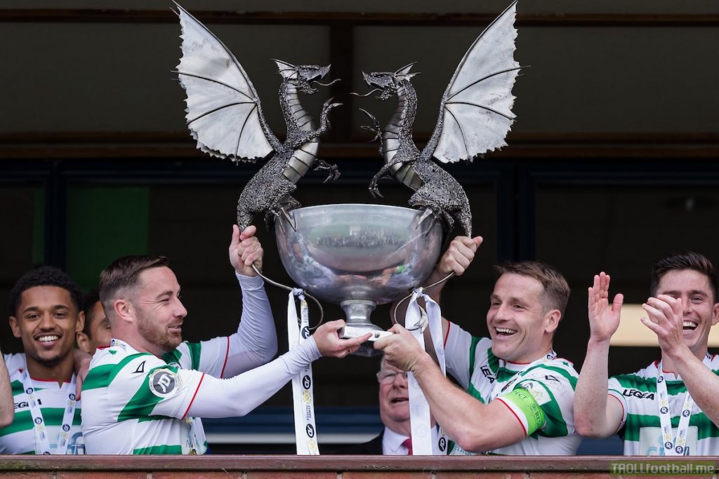 The incredible Cymru Premier trophy, being lifted today by champions TNS