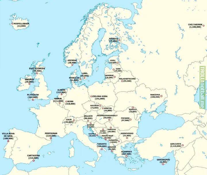 The biggest city/town (by population) in every European country, to have never had a team play in the top flight.