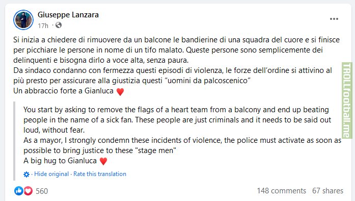 [Giuseppe Lanzara], mayor of Pontecagnano Faiano (province of Salerno) denounces assault on Napoli fan by Salernitana fans for refusing to remove Napoli flags from the balcony of his house