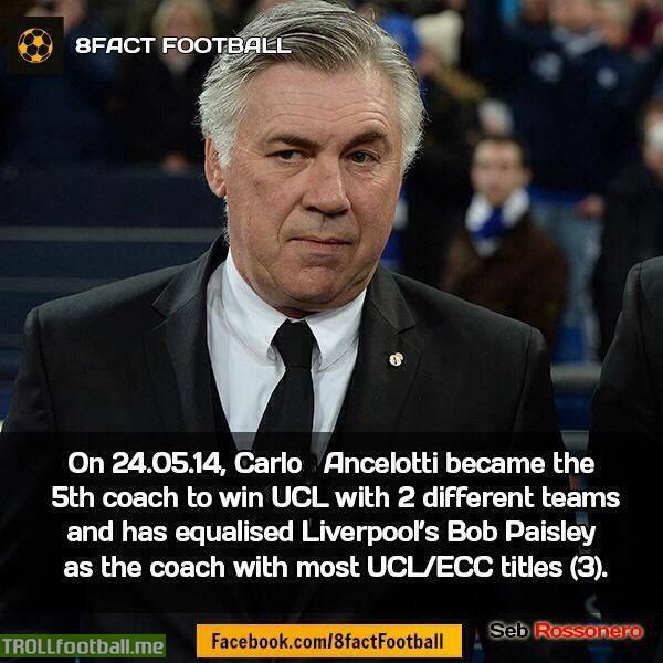FACT : Carlo Ancelotti became to the 5th Coach to win UCL with 2 different teams and now has most number of UCL Trophies (3), same as Liverpool's Bob Paisley