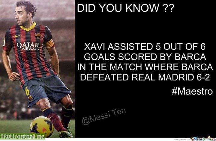 Fact : Xavi assisted 5 out of 6 goals in the match when Barca won 6-2 against Real Madrid