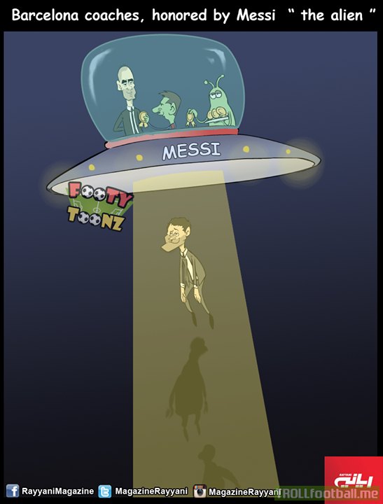Cartoon: Barcelona coaches, honored by an alien, Lionel Messi
