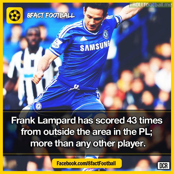 Frank Lampard has scored 43 times from outside the box, most by any EPL player