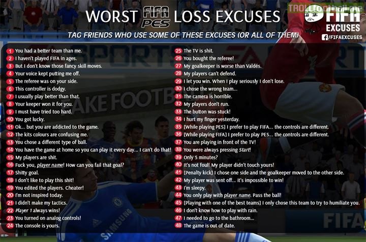 The worst FIFA/PES loss excuses! Tag friends who use some of these 48 excuses (or all of them).